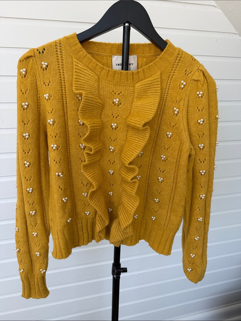 INDIKY Republic Mustard Pearl Embellished Ruffle Knit Sweater
